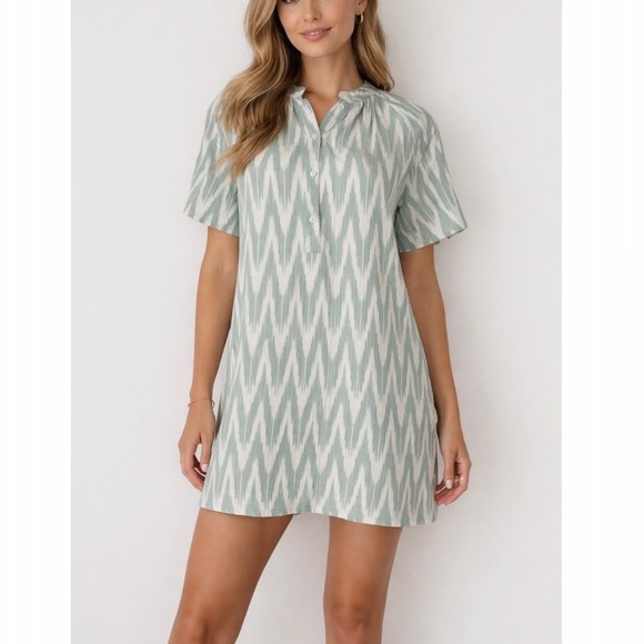 Oliphant Dresses & Skirts - Oliphant Green White Ikat Cotton V-Neck Mini Shift Dress Pockets Short Sleeve XS